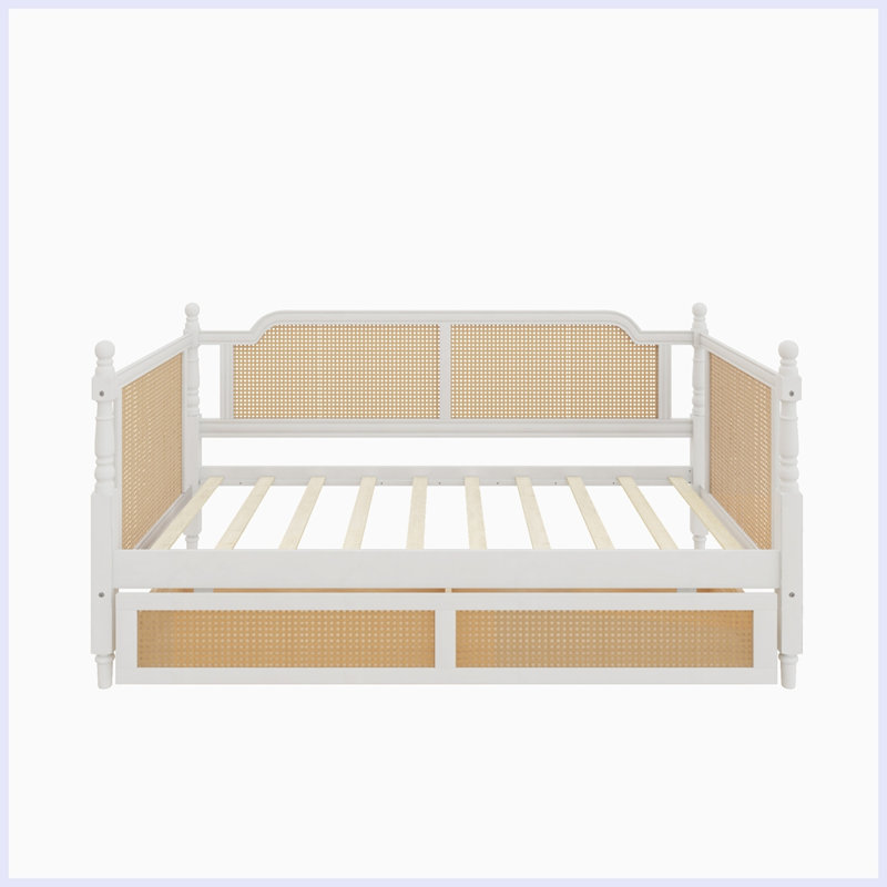 Traditional Style Rattan Daybed with 2 Drawers, Twin, Antique White
