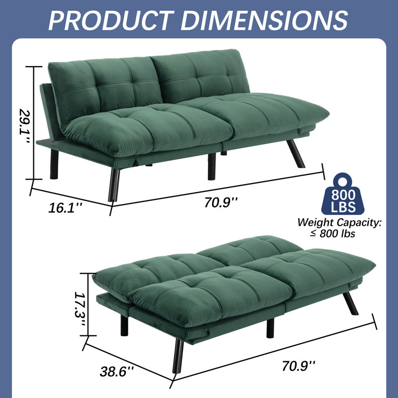 Merrium Twin 70.9'' Velvet Convertible Sofa, Emerald Velvet