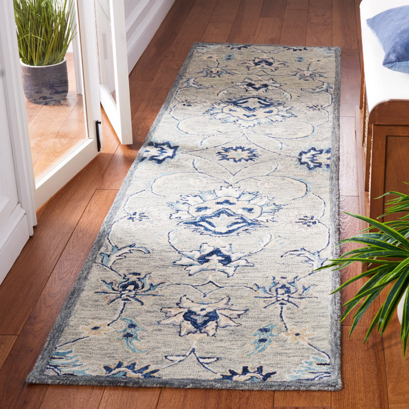 Saguenay Micro-Loop Hand Tufted Wool/Cotton Floral Rug in Blue, Runner 2'3" x 9'