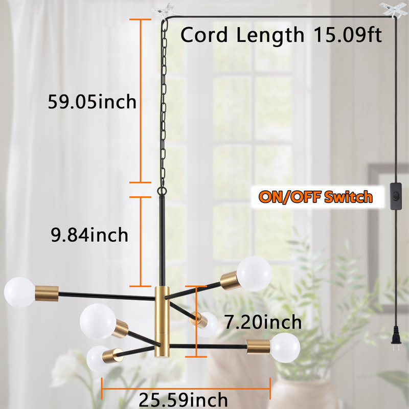 26" In 6-Light Modern Farmhouse Plug In Pendant Light With 15Ft Plug In Cord & On/Off Switch, Industrial Kitchen Dining Room Chandelier