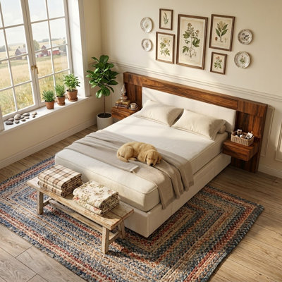 Queen Linen Upholstered Platform Bed with Built-in Nightstands & 2 Large Storage Drawers & Wood Grain Storage Headboard, No Box Spring Needed, Cream