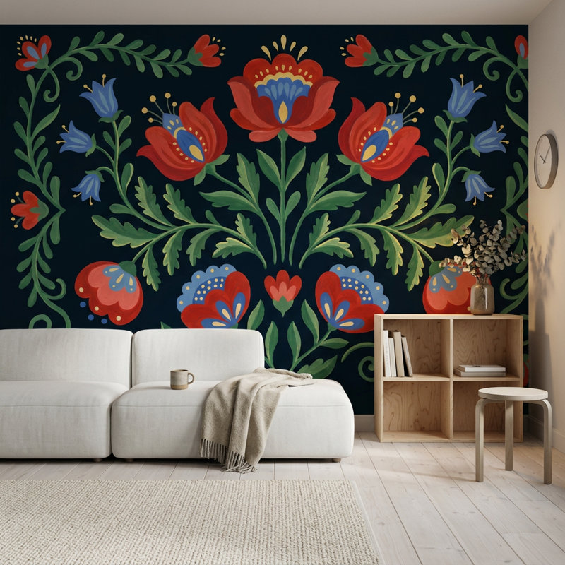 Papier peint art scandinave populaire sur fond bleu marine amovible, 140 po x 108 po, Non-Woven Nonpasted