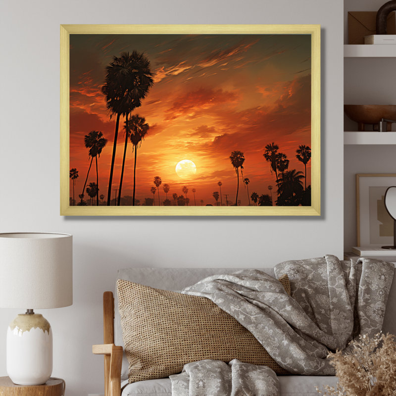 Coucher de soleil avec palmiers sur toile, H 16 po x l 32 po x P 1 po, Encadrement doré