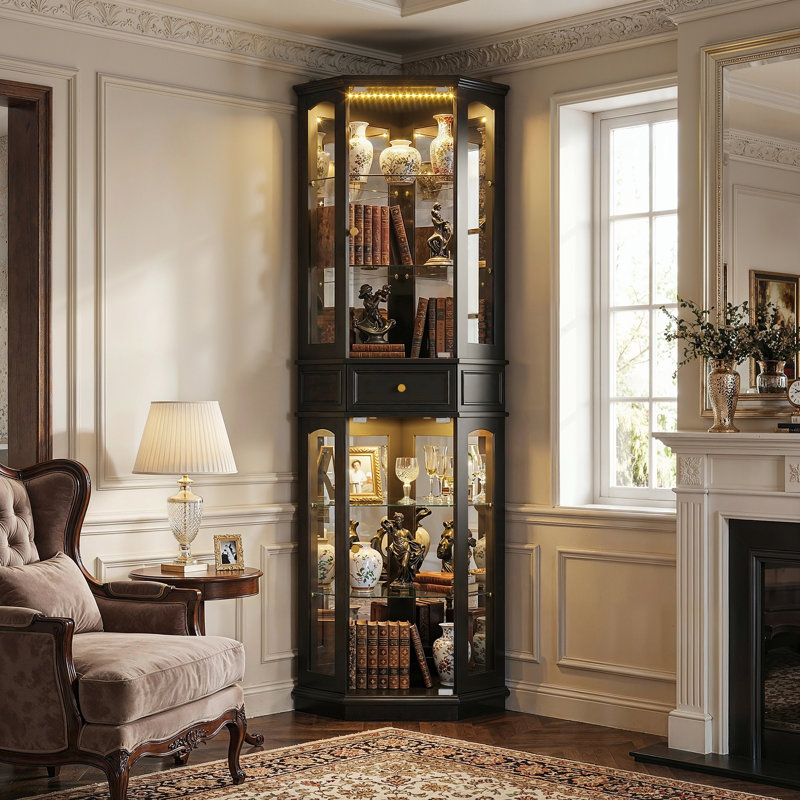 LED Corner Glass Display Cabinet With Remote, Black Finish, Gold Handles