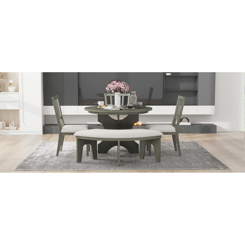 TREXM 5-Piece Rustic Charm Round Dining Set With 3 Upholstered Chairs And Curved Bench For Dining Room, Kitchen And Living Room (Grey)
