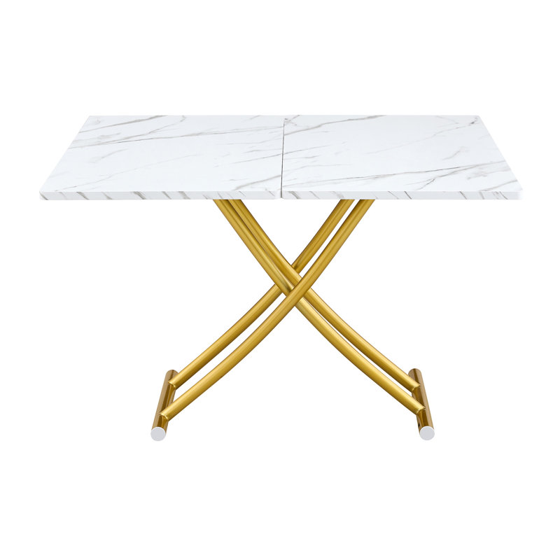 Modern Minimalist Multifunctional Lift Table With 0.8 Inch Thick MDF Desktop And Golden Metal Legs,Can Be Used As A Dressing Table, Coffee Table, Dining Table, And Office Table.White Textured Desktop.