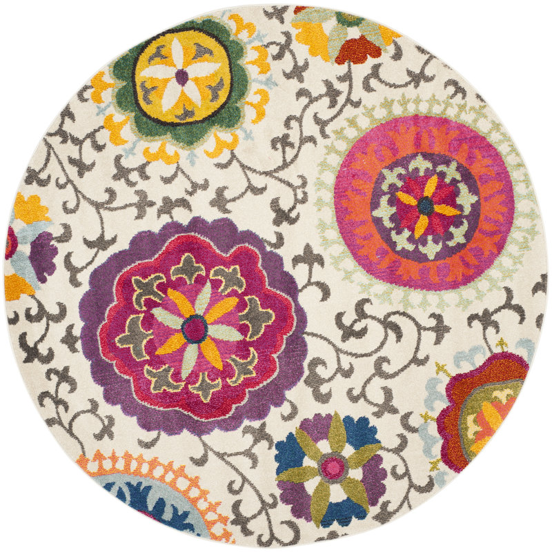 Tapis multicolore à motif floral Hertzler, Rond 4 pi