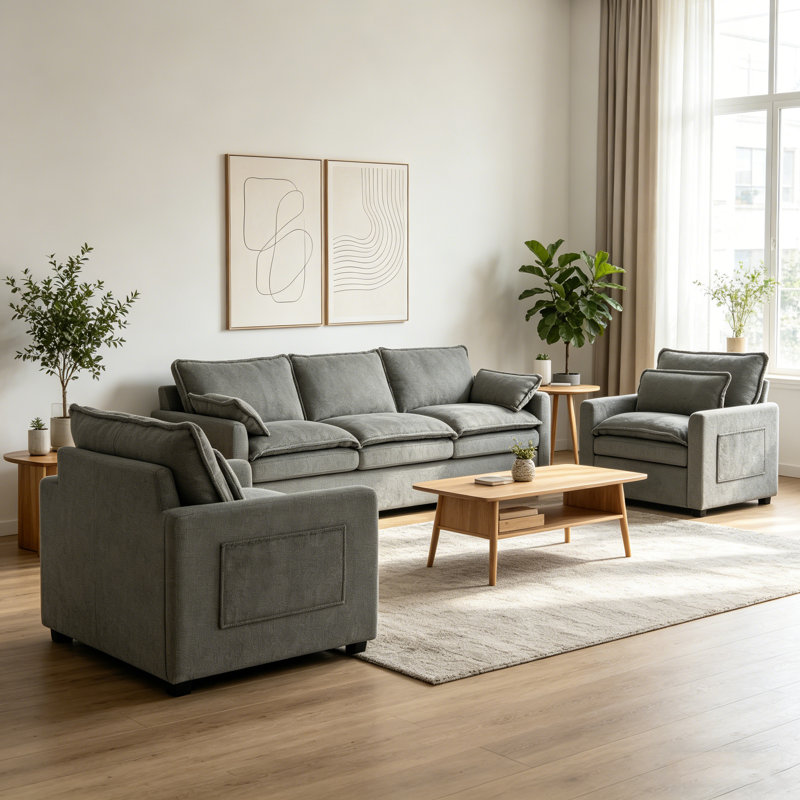 Ensemble de canapés gris moderne, canapé rembourré moelleux avec coussin double couche et poches de rangement latérales pour le salon