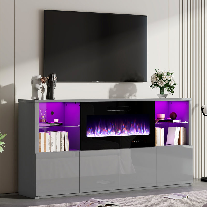 Bhhatu 68'' W High Gloss TV Stand with 35.6'' Fireplace, Gray