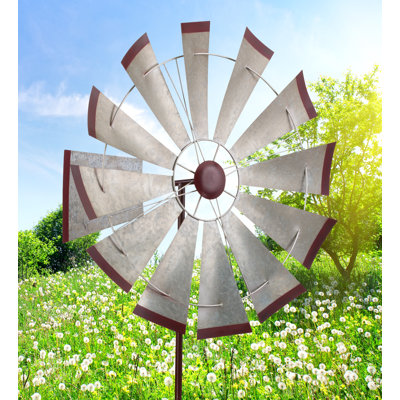 Metal Outdoor Garden Wind Spinner with Powder Coated Finish and Five Prong Ground Stake