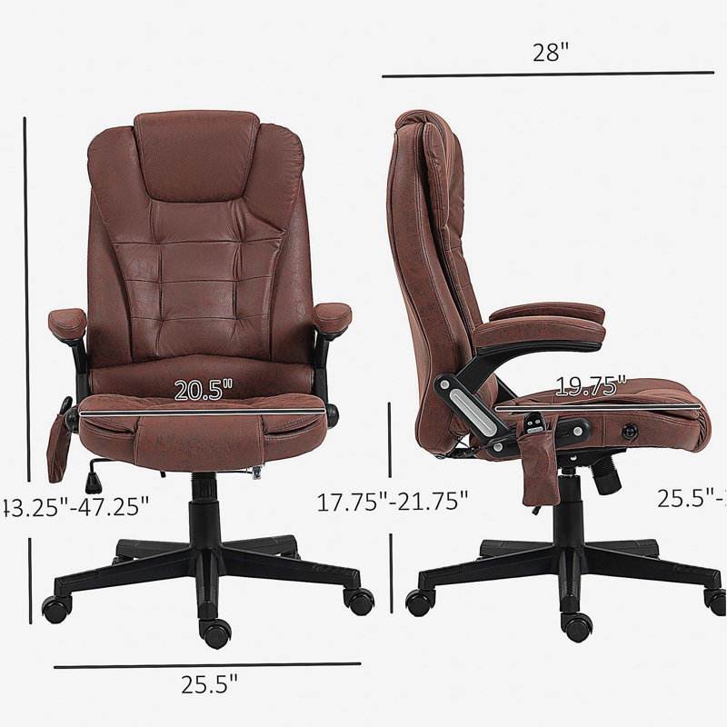 Chaise de bureau chauffante à 6 points de massage chauffant par vibration, fauteuil de bureau haut dossier en microfibre, avec dossier réglable, accoudoirs et télécommande, rouge