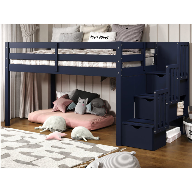 Johannes Solid Wood Twin Low Loft Bed with 3 Step-Stairway, Blue