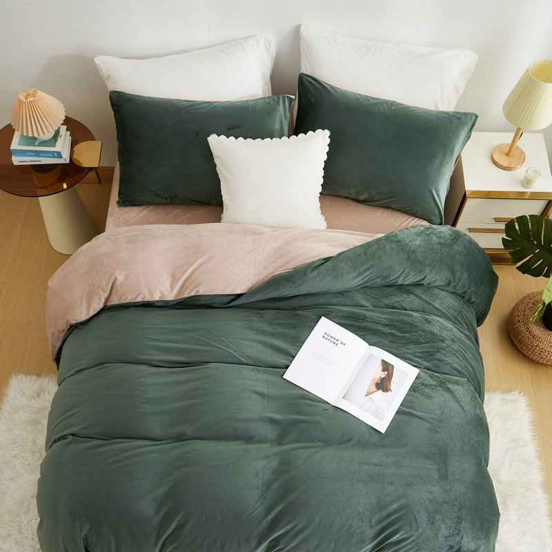 Plush Bedding Green Beige Fluffy Flannel Warm Winter Bedding Duvet Cover, King Duvet Cover + 2 Standard Pillowcases