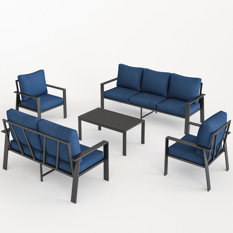 Ensemble de conversation avec canapé 7 personnes et table basse, Coussin bleu / cadre gris