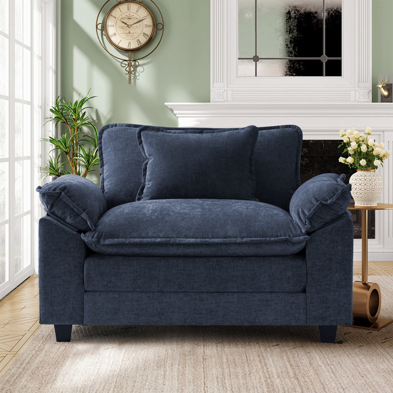 49.5'' W Oversized Premium Chenille Armchair And A Half With Accent Pillow & Removable Cushions, Blue Chenille