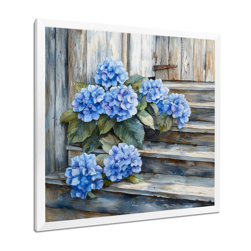 Hortensias sur les marches de grange I - hydrangées, art mural, H 16 po x l 16 po, Picture Framed, Blanc