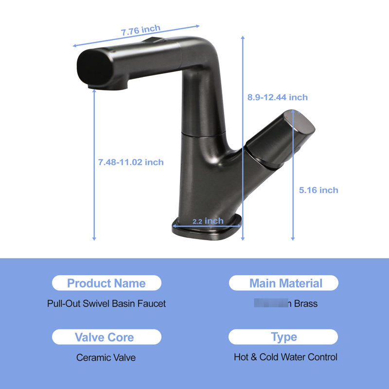 Robinet de lavabo de salle de bain noir à trois poignées à tirette en acier, tuyaux de 90 cm, interrupteur double, rotation de 360 becs, contrôle de température facile, valve en céramique, tous les accessoires pour le robinet d'installation avec modes