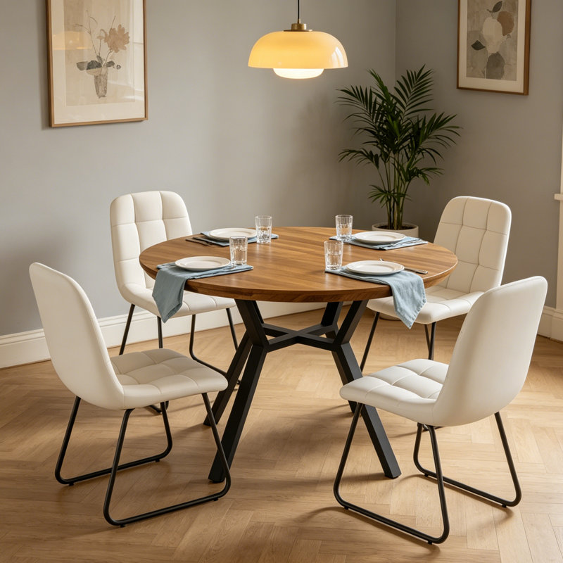Ensemble de table de salle à manger extensible 43,2 "-59.1" Clanton, table de cuisine ronde Mid-Century, Brun, Blanc