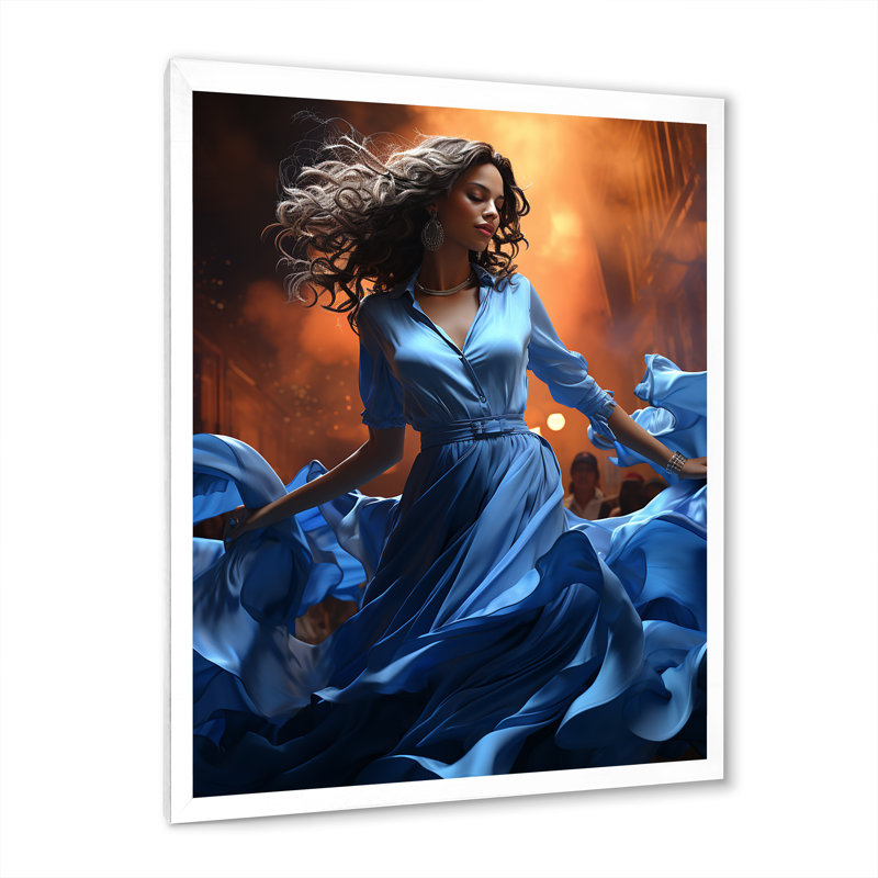 «Leada Cuban Woman Rhythms Blue», reproduction sur toile, H 40 po x l 30 po x P 1,5 po, Cadre photo blanc