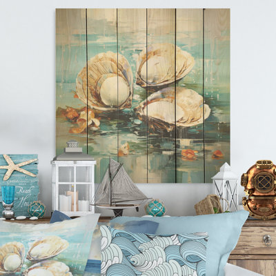 «Green Tones Delicate Oyster Beauty», art mural sur bois de pin naturel