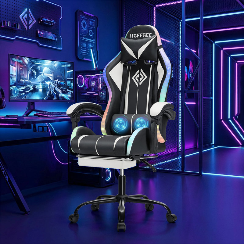 HOFFREE Gaming Chair With LED RGB Lights With Massage And Footrest Ergonomic Computer Chair High Back Video Game Chair With Adjustable Lumbar Support Linkage Armrest
