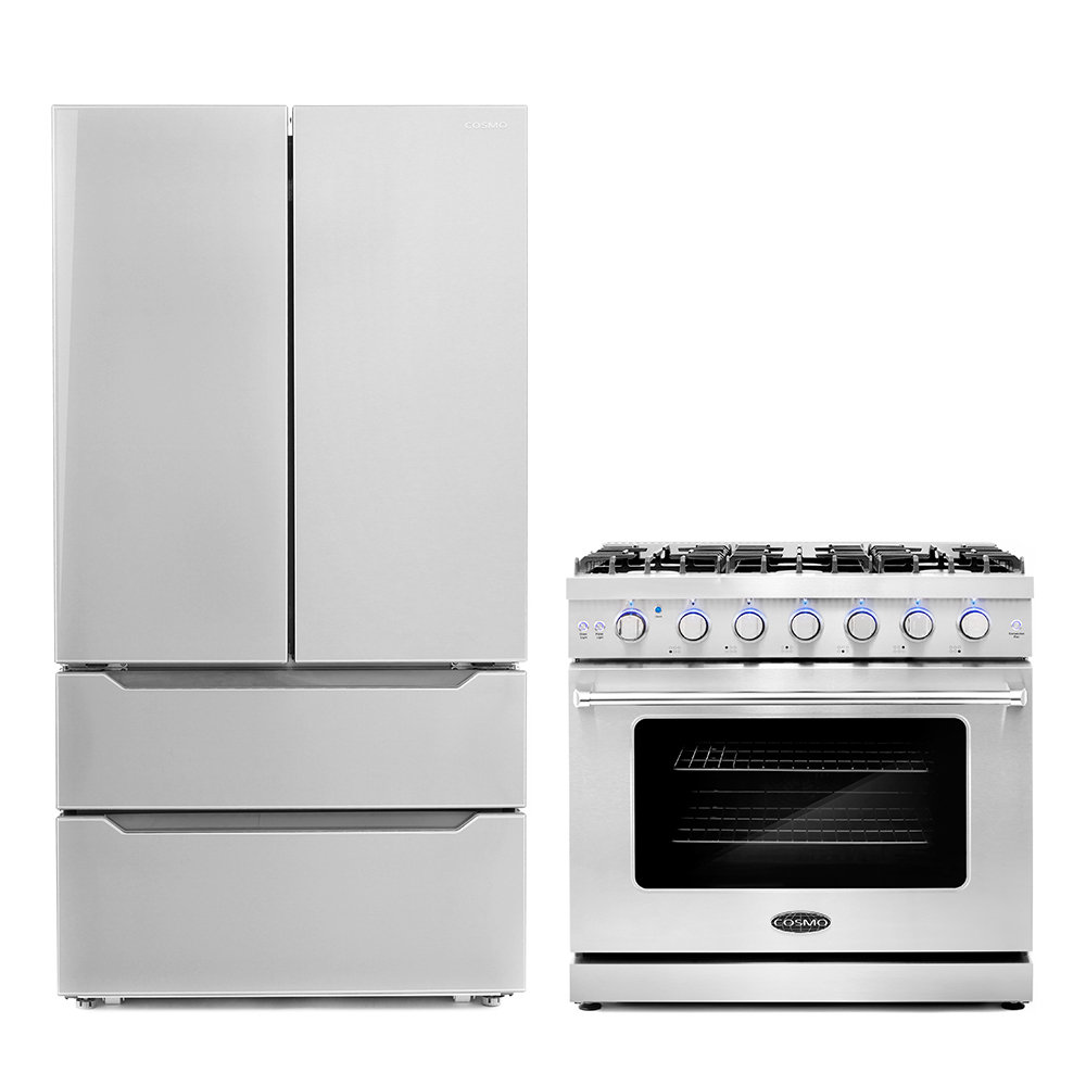 Cosmo 2 Piece Kitchen Appliance Package with French Door Refrigerator , 36'' Gas Freestanding Range Cosmo