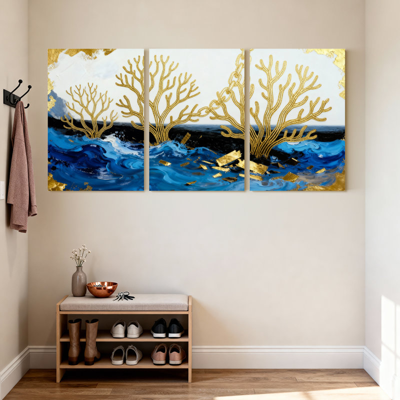 Ensemble de 3 impressions sur toile Golden Coral Blue Ocean Waves, H 18 po x l 36 po