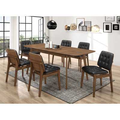 7 Dining In Rectangular Shape, Natural Walnut Finish Table, Black Upholstered Side Chairs, Butterfly Leaf For Extra Seating, Mid-century Style 7, , Fo