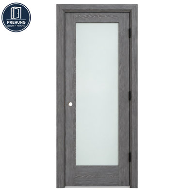 Porte intérieure prémontée en bois massif, chêne gris, 1 vitrage, avec chambranles et charnières