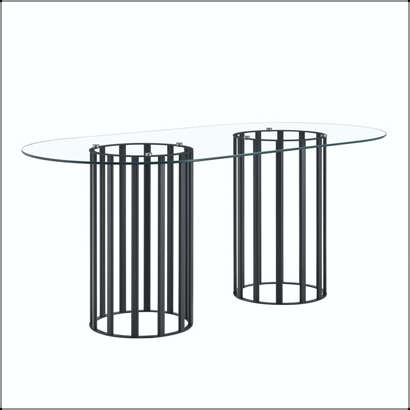 Table de salle à manger ovale en verre avec base à deux colonnes