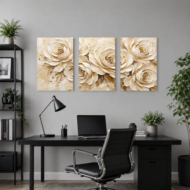 Ensemble de 3 toiles crème avec des taches d'or, 18"H x 12"W x 3pcs