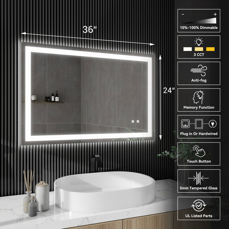 Bathroom Smart Mirror with Lights - Led Mirror, Backlit & FrontLit, Dimmable, 3 Colors Modes, Memory Function, Waterproof