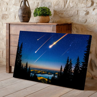 Toile, "Une scène cosmique à couper le souffle" représentant une cascade de météorites vibrantes, art mural traversant un ciel étoilé