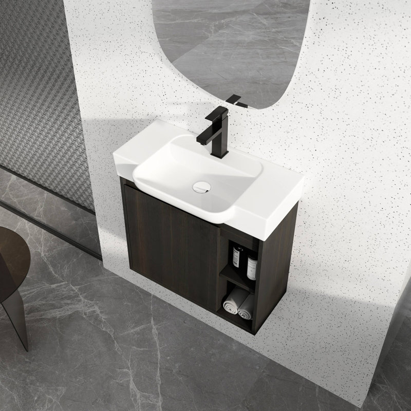 Meuble-lavabo mural 24 po avec lavabo en céramique blanche et porte à fermeture en douceur, emballage KD, Dark Oak