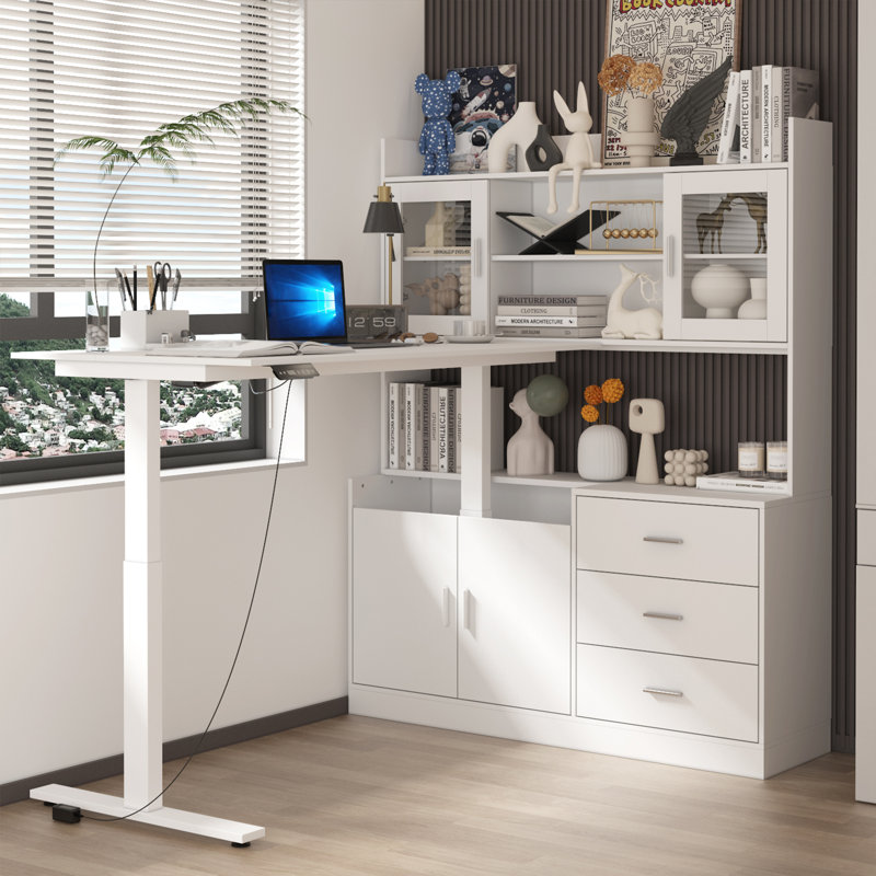 Elevating Computer Desk With 68.5'' W Bookcase