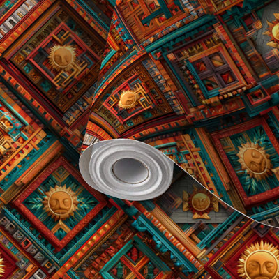 Peel and Stick Wallpaper Contact Paper Terracotta Teal Symmetrical Aztec Inspired Wall Art Self Adhesive and Removable 24in x 118in(60x300cm)