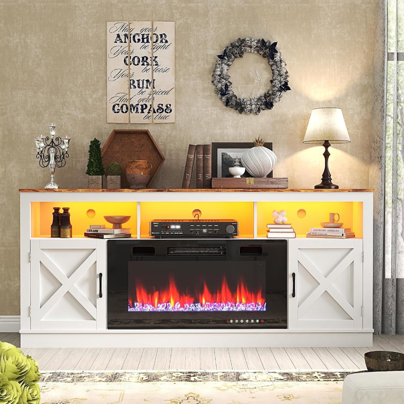 Crédence de rangement avec foyer Zev, Blanc, 31.5" H x 68.9" W x 15.7" D