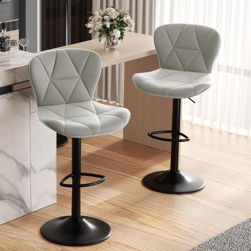Light Gray Adjustable Faux Leather Swivel Bar Stools with Metal Base