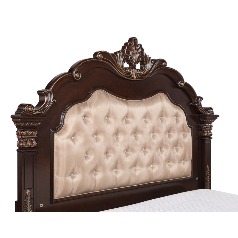 Beige and Brown Upholstered Queen Wood Panel Bed