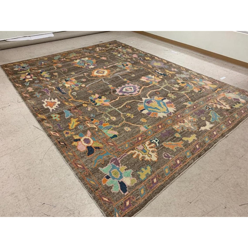 Tapis Oushak turc rétro fait à la main de conception unique 9 pi 11 po x 13 pi 6 po Anatolian