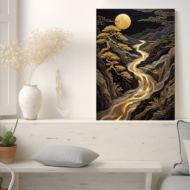 Art mural sur toile Golden Moon Over Pine Trees and Winding River, H 18 po x l 12 po