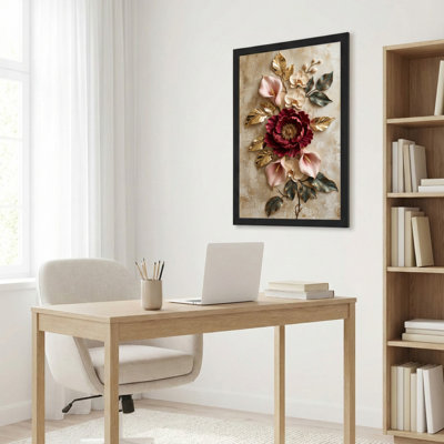 Toile noire encadrée en bois noir pour le salon, la chambre à coucher, le bureau ou le vestibule - décoration murale décorative avec art floral