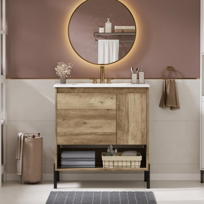 Armoire de salle de bain avec lavabo en céramique de 30 po, tiroirs coulissants, poignée invisible, porte, tablette ouverte, structure en bois massif et en métal