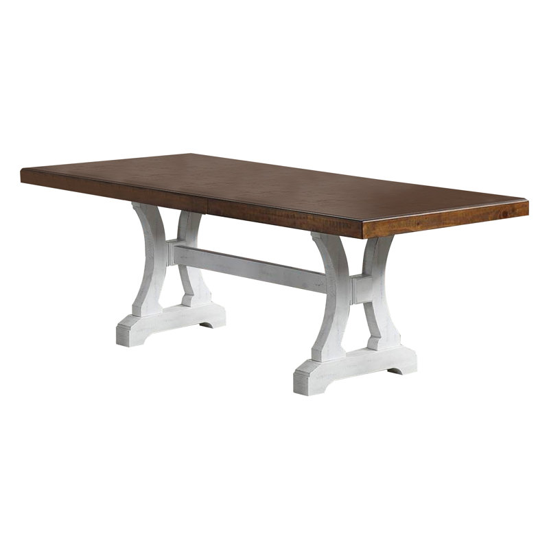 Table de salle à manger avec base à tréteaux et rallonge, noir et brun, Blanc