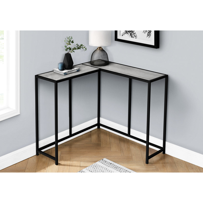 Console de salon grise - étroite et chic avec cadre d'entrée en métal noir et entrée contemporaine