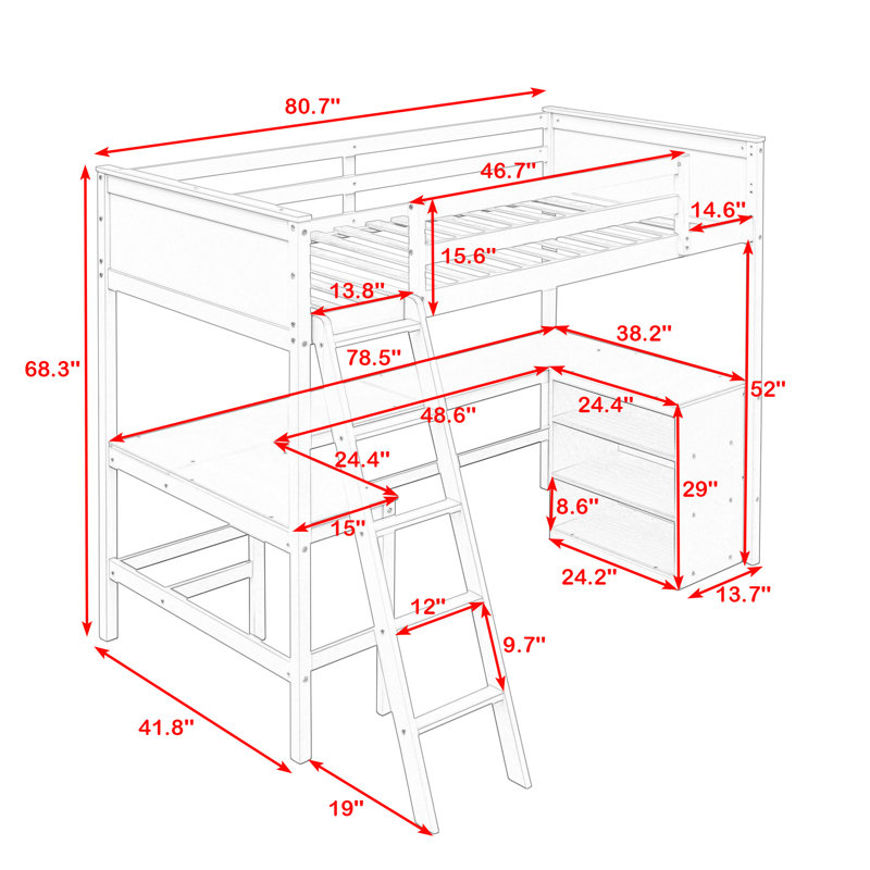 Lit mezzanine simple en bois avec bureau intégré et tablettes, Espresso