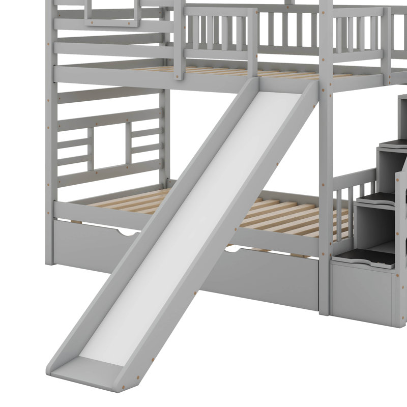 Twin Over Twin House Bunk Bed, Bed Frame With Trundle And Slide, Storage Staircase, Roof And Window Design, Gray
