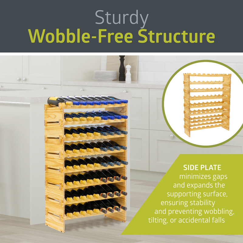 72 Bottle Stackable Modular Wine Rack, 8-Tier Solid Pine Wood Storage Rack