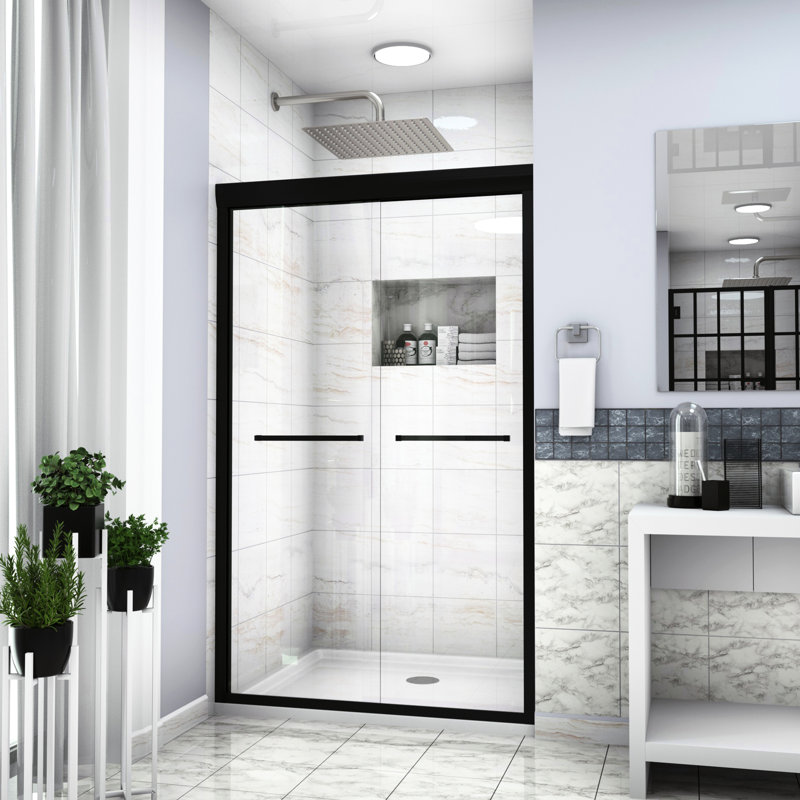 Matte Black Shower Enclosure 48" W X 76" H - Double Sliding Door With High Tempered Glass And Wall Adjustment Feature Door, Modern Appeal
