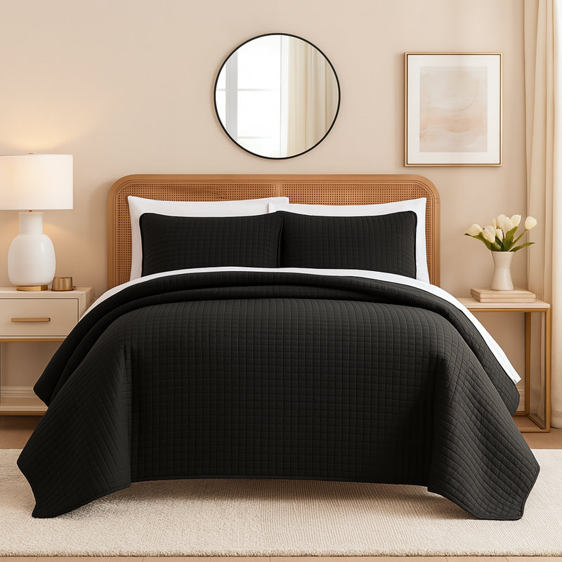 Solid Color 3-Piece Quilt Set with Cotton Blend Shell & 100% Cotton Fill – Lightweight, Soft, All Season Bedding, Black